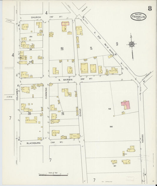 Sanborn Fire Insurance Map from Franklin, Williamson County, Tennessee (1913), Sheet #0008 - Historic Sanborn Fire Insurance Map Print, vintage old map wall art, antique decor, genealogy gift, Tennessee Tennessee map