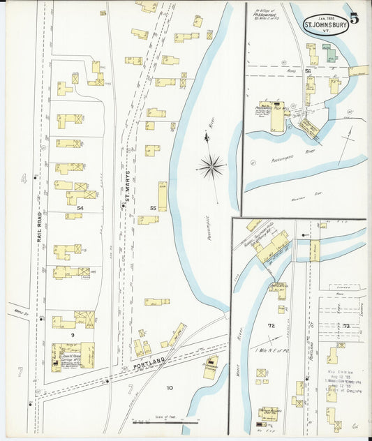 Sanborn Fire Insurance Map from Saint Johnsbury, Caledonia County, Vermont (1895), Sheet #0005 - Historic Sanborn Fire Insurance Map Print, vintage old map wall art, antique decor, genealogy gift, Vermont Vermont map