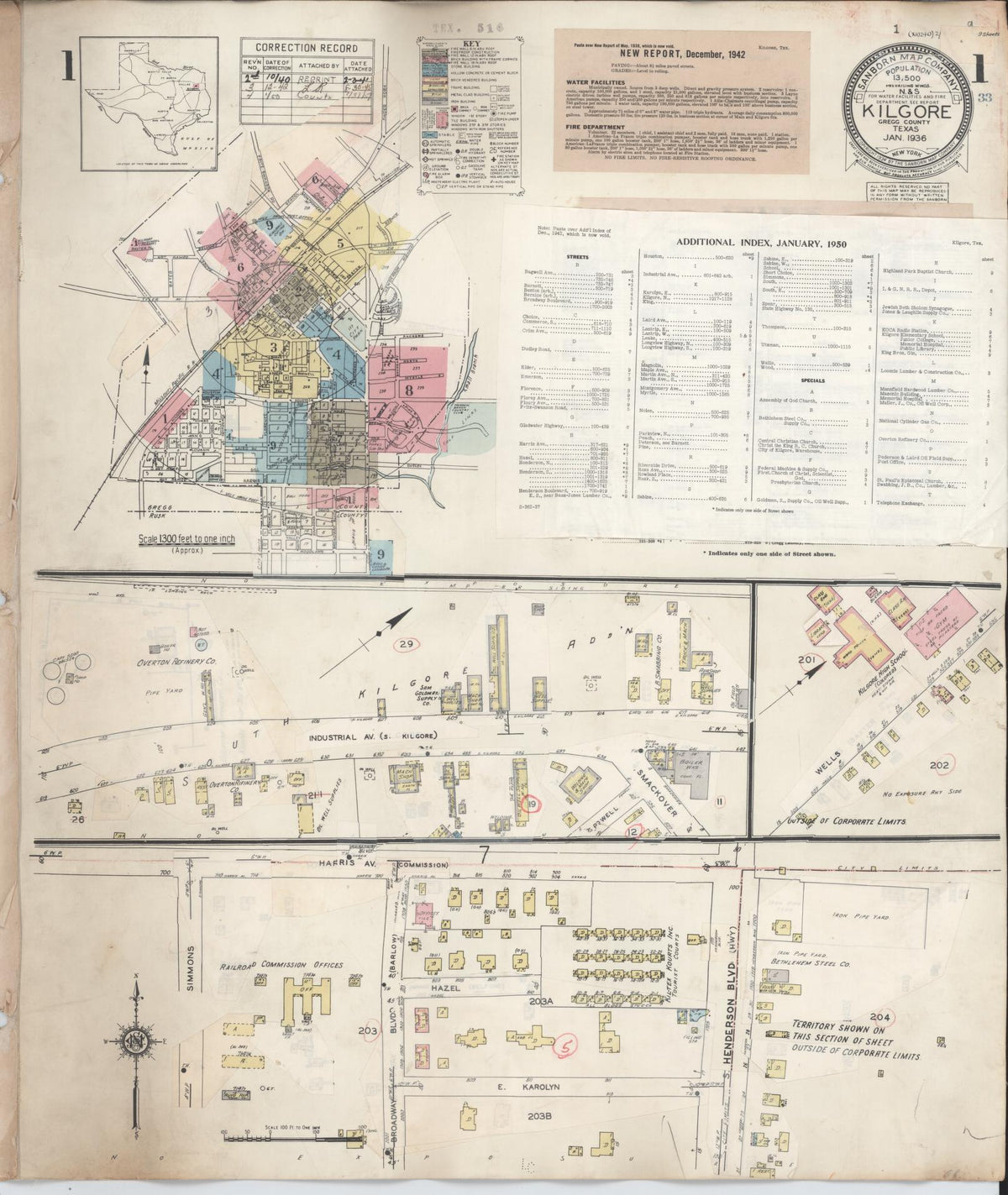 Sanborn Fire Insurance Map from Kilgore, Gregg County, Texas (1950), Sheet #0001 - Complete Map Set gallery image, historic Sanborn map, vintage wall art, Texas Texas
