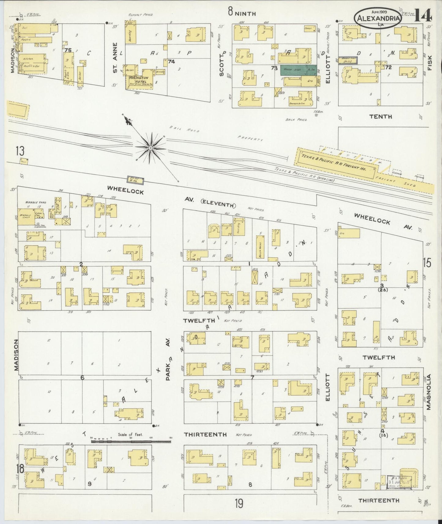 Sanborn Fire Insurance Map from Alexandria, Rapides Parish, Louisiana (1909), Sheet #0014 - Complete Map Set gallery image, historic Sanborn map, vintage wall art, Louisiana Louisiana