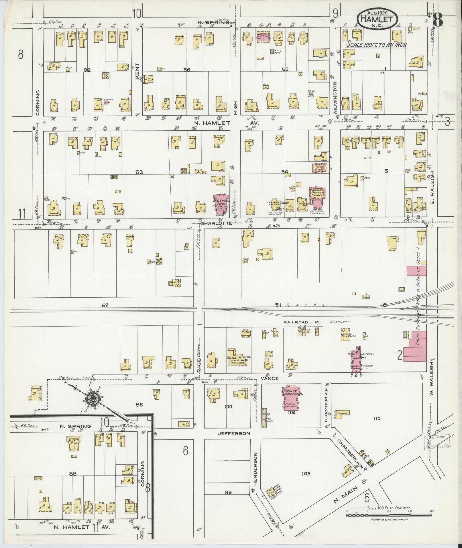 Sanborn Fire Insurance Map from Hamlet, Richmond County, North Carolina (1920), Sheet #0008 - Complete Map Set gallery image, historic Sanborn map, vintage wall art, North Carolina North Carolina