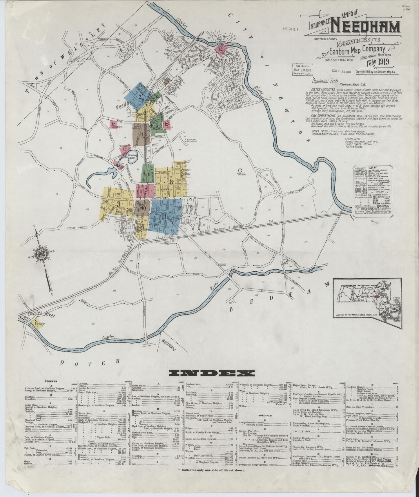 Sanborn Fire Insurance Map from Needham, Norfolk County, Massachusetts (1919), Sheet #0001 - Historic Sanborn Fire Insurance Map Print, vintage old map wall art, antique decor, genealogy gift, Massachusetts Massachusetts map