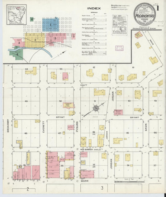 Sanborn Fire Insurance Map from Pocahontas, Randolph County, Arkansas (1916), Sheet #0001 - Historic Sanborn Fire Insurance Map Print, vintage old map wall art, antique decor, genealogy gift, Arkansas Arkansas map