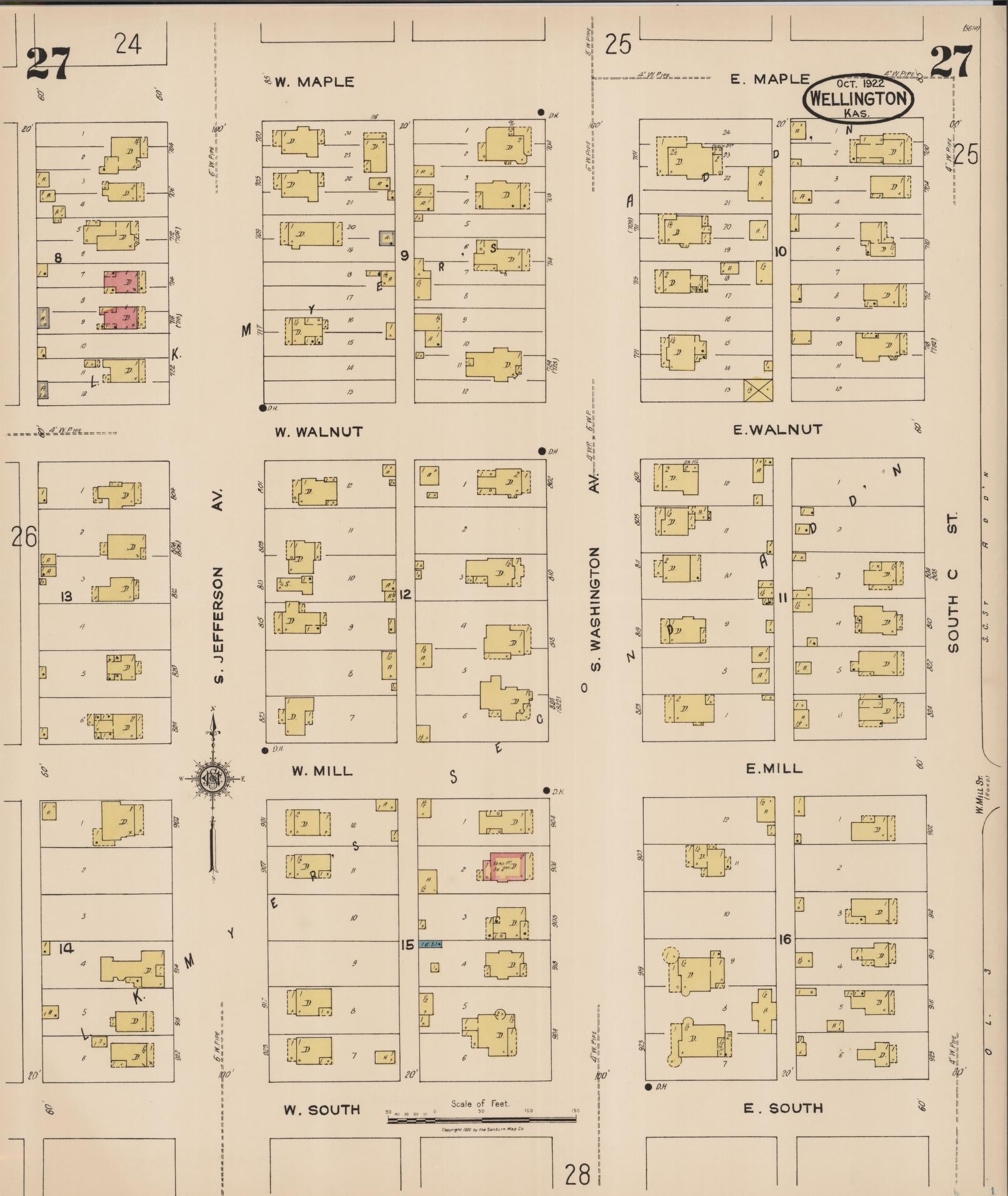 Sanborn Fire Insurance Map from Wellington, Sumner County, Kansas (1922), Sheet #0027 - Historic Sanborn Fire Insurance Map Print, vintage old map wall art, antique decor, genealogy gift, Kansas Kansas map