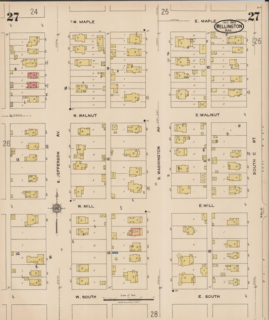 Sanborn Fire Insurance Map from Wellington, Sumner County, Kansas (1922), Sheet #0027 - Historic Sanborn Fire Insurance Map Print, vintage old map wall art, antique decor, genealogy gift, Kansas Kansas map