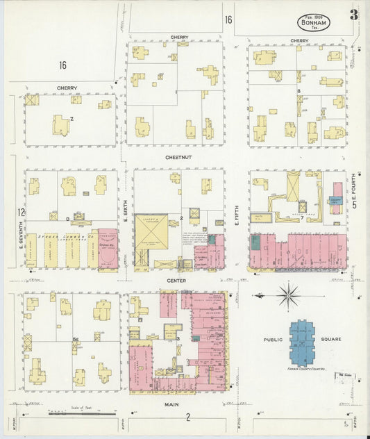 Sanborn Fire Insurance Map from Bonham, Fannin County, Texas (1909), Sheet #0003 - Historic Sanborn Fire Insurance Map Print, vintage old map wall art, antique decor, genealogy gift, Texas Texas map
