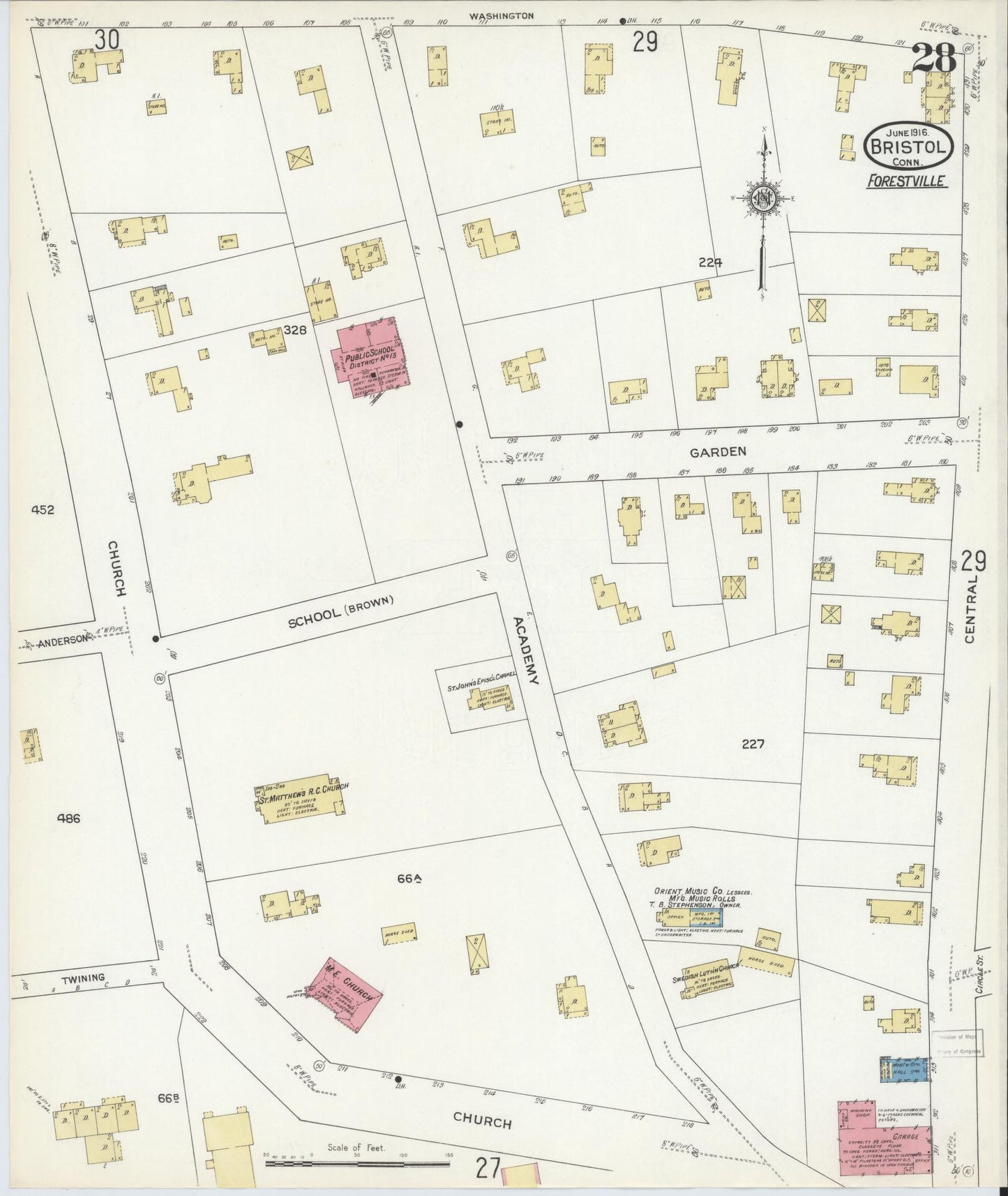 Sanborn Fire Insurance Map from Bristol, Hartford County, Connecticut (1916), Sheet #0028 - Historic Sanborn Fire Insurance Map Print, vintage old map wall art, antique decor, genealogy gift, Connecticut Connecticut map