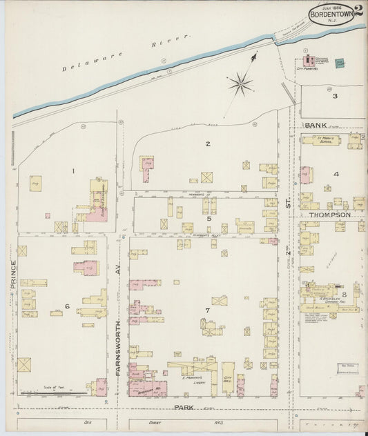 Sanborn Fire Insurance Map from Bordentown, Burlington County, New Jersey (1886), Sheet #0002 - Historic Sanborn Fire Insurance Map Print, vintage old map wall art, antique decor, genealogy gift, New Jersey New Jersey map