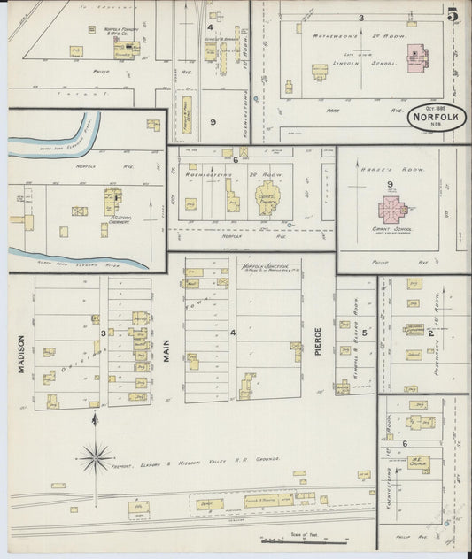 Sanborn Fire Insurance Map from Norfolk, Madison County, Nebraska (1889), Sheet #0005 - Historic Sanborn Fire Insurance Map Print, vintage old map wall art, antique decor, genealogy gift, Nebraska Nebraska map
