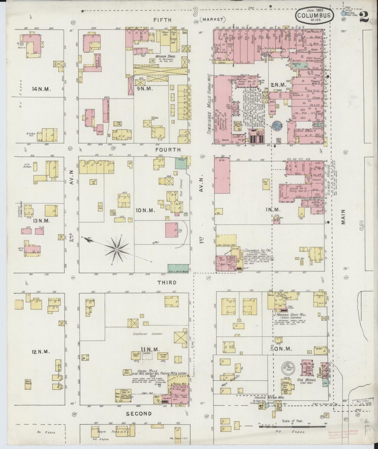 Sanborn Fire Insurance Map from Columbus, Lowndes County, Mississippi (1895), Sheet #0002 - Complete Map Set gallery image, historic Sanborn map, vintage wall art, Mississippi Mississippi