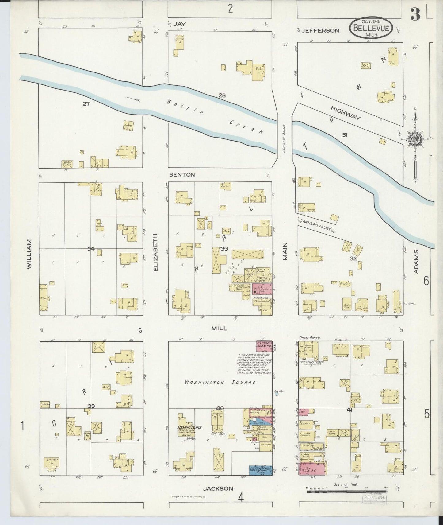 Sanborn Fire Insurance Map from Bellevue, Eaton County, Michigan (1916), Sheet #0003 - Historic Sanborn Fire Insurance Map Print, vintage old map wall art, antique decor, genealogy gift, Michigan Michigan map