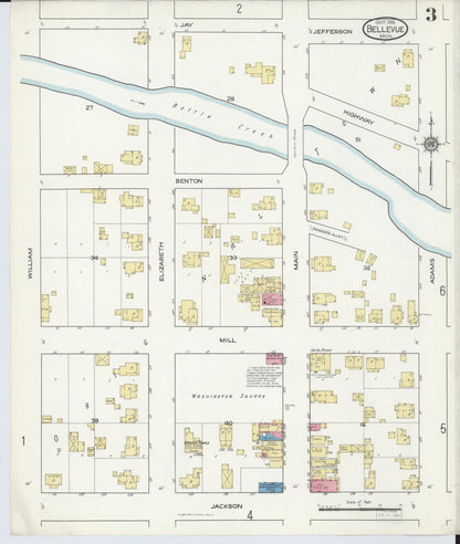 Sanborn Fire Insurance Map from Bellevue, Eaton County, Michigan (1916), Sheet #0003 - Historic Sanborn Fire Insurance Map Print, vintage old map wall art, antique decor, genealogy gift, Michigan Michigan map