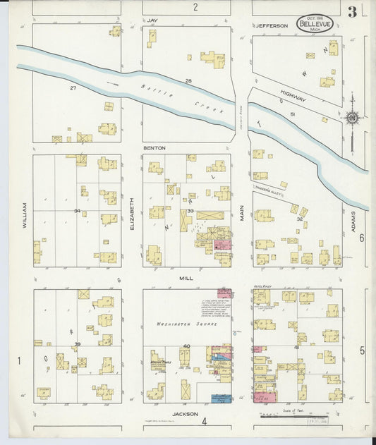 Sanborn Fire Insurance Map from Bellevue, Eaton County, Michigan (1916), Sheet #0003 - Historic Sanborn Fire Insurance Map Print, vintage old map wall art, antique decor, genealogy gift, Michigan Michigan map