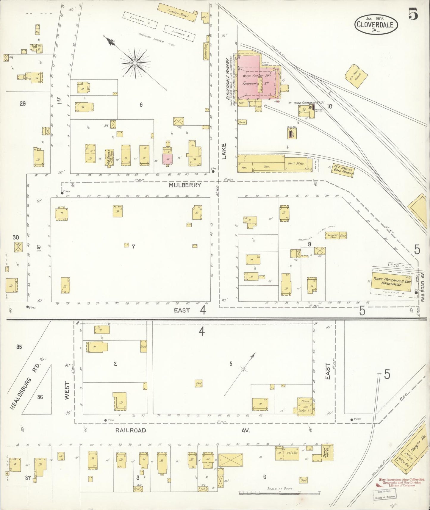 Sanborn Fire Insurance Map from Cloverdale, Sonoma County, California (1905), Sheet #0005 - Complete Map Set gallery image, historic Sanborn map, vintage wall art, California California