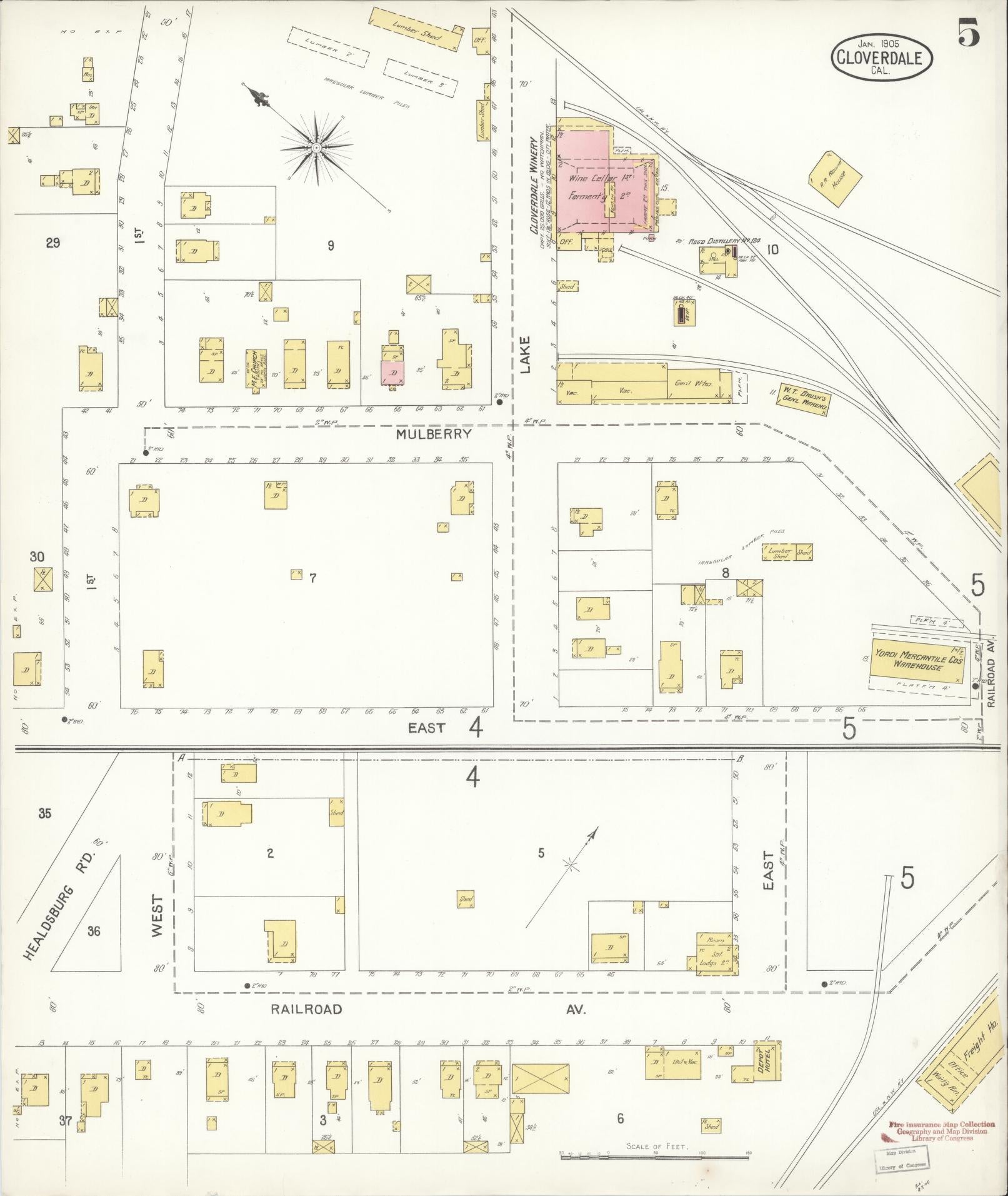 Sanborn Fire Insurance Map from Cloverdale, Sonoma County, California (1905), Sheet #0005 - Complete Map Set gallery image, historic Sanborn map, vintage wall art, California California