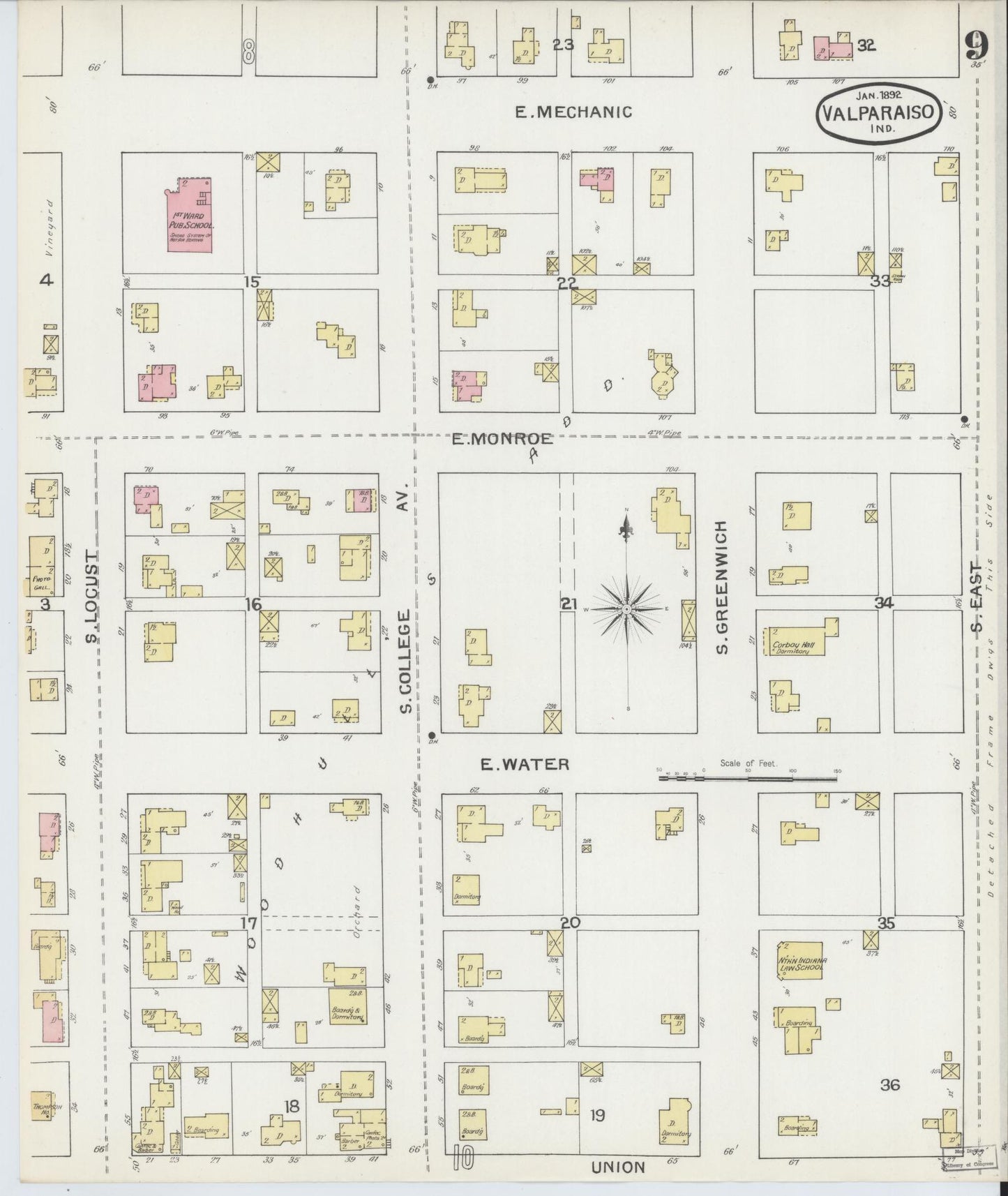 Sanborn Fire Insurance Map from Valparaiso, Porter County, Indiana (1892), Sheet #0009 - Historic Sanborn Fire Insurance Map Print, vintage old map wall art, antique decor, genealogy gift, Indiana Indiana map
