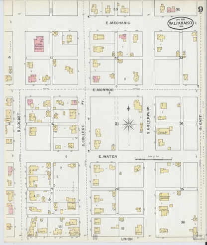 Sanborn Fire Insurance Map from Valparaiso, Porter County, Indiana (1892), Sheet #0009 - Historic Sanborn Fire Insurance Map Print, vintage old map wall art, antique decor, genealogy gift, Indiana Indiana map