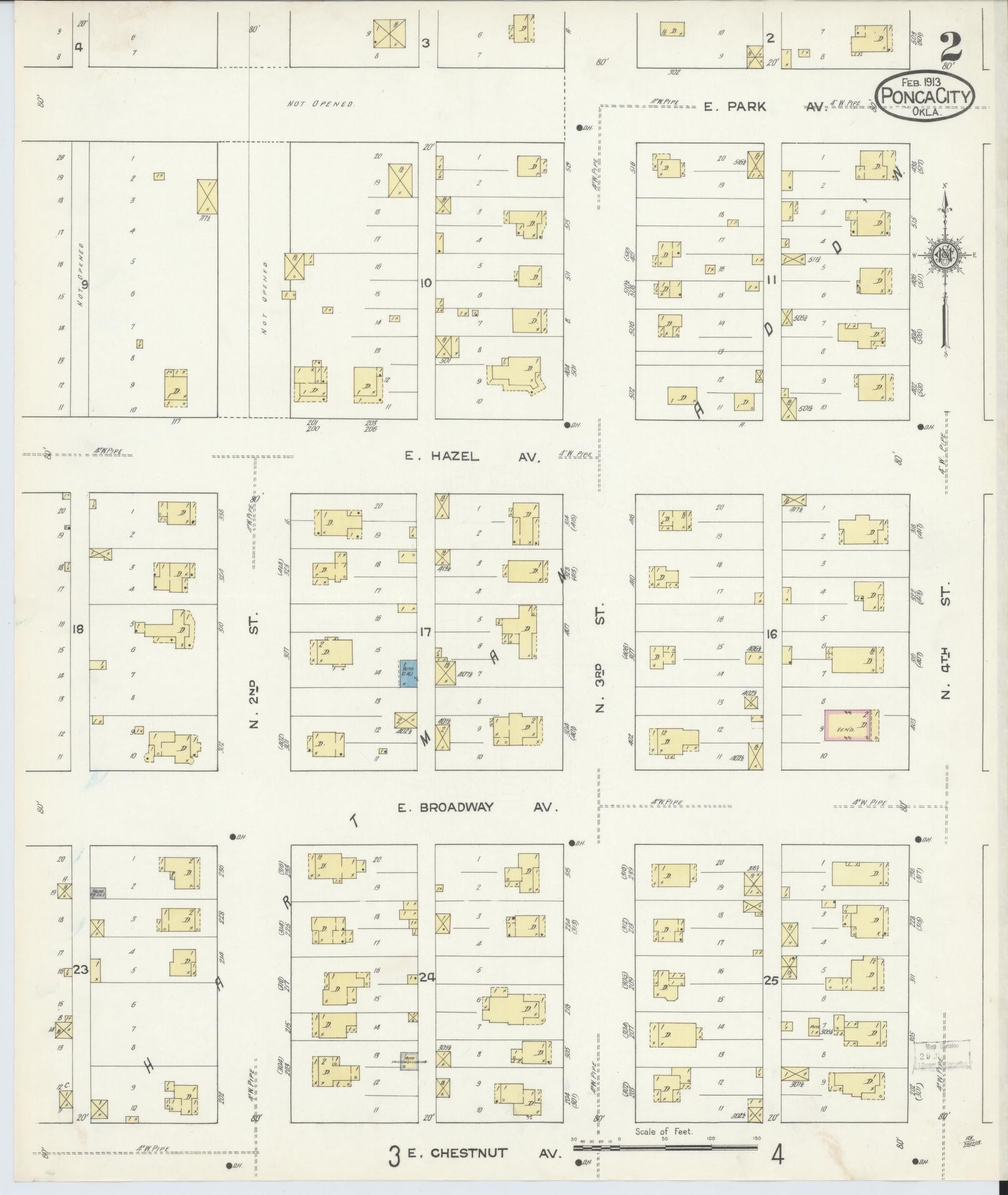 Sanborn Fire Insurance Map from Ponca City, Kay County, Oklahoma (1913), Sheet #0002 - Historic Sanborn Fire Insurance Map Print, vintage old map wall art, antique decor, genealogy gift, Oklahoma Oklahoma map