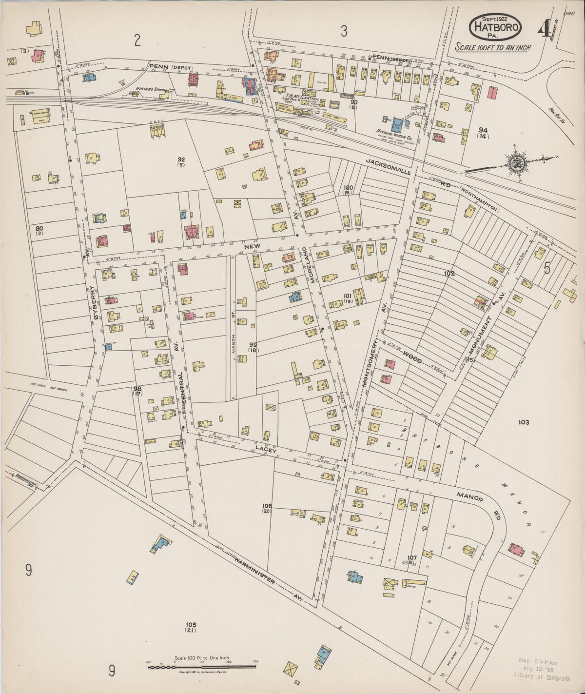Sanborn Fire Insurance Map from Hatboro, Montgomery County, Pennsylvania (1922), Sheet #0004 - Historic Sanborn Fire Insurance Map Print, vintage old map wall art, antique decor, genealogy gift, Pennsylvania Pennsylvania map