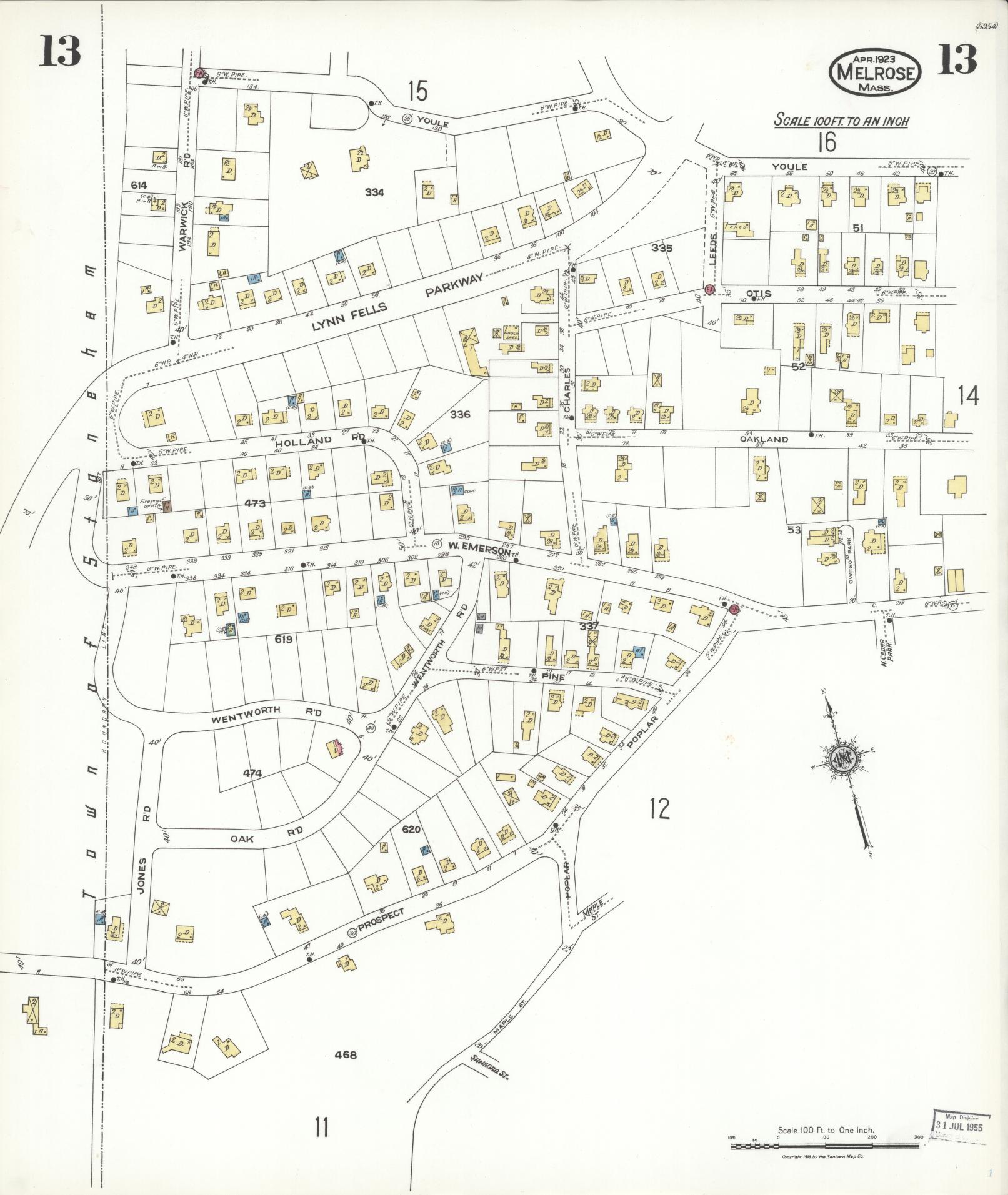 Sanborn Fire Insurance Map from Melrose, Middlesex County, Massachusetts (1923), Sheet #0013 - Historic Sanborn Fire Insurance Map Print, vintage old map wall art, antique decor, genealogy gift, Massachusetts Massachusetts map