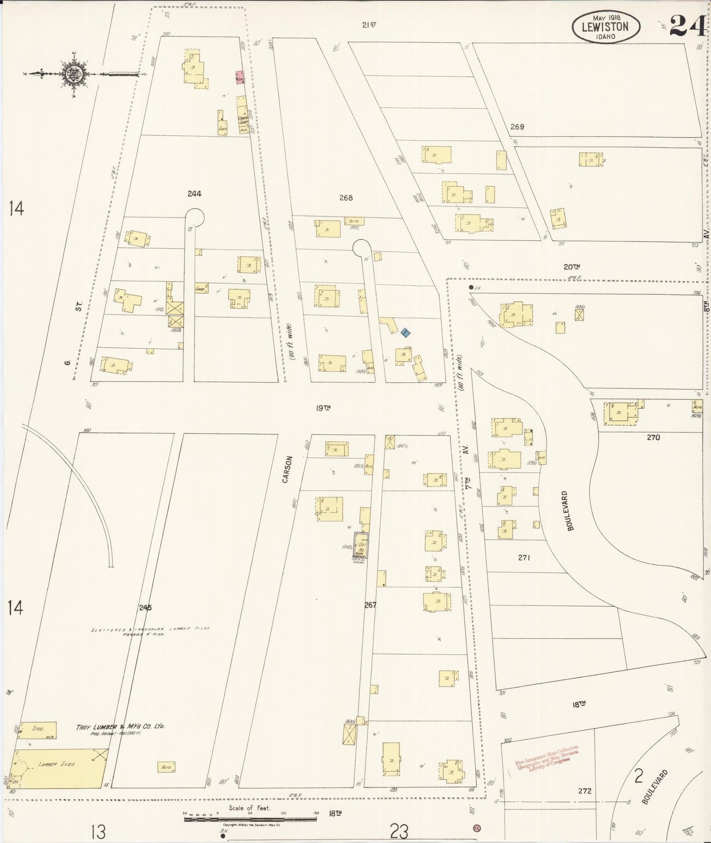 Sanborn Fire Insurance Map from Lewiston, Nez Perce County, Idaho (1918), Sheet #0024 - Historic Sanborn Fire Insurance Map Print, vintage old map wall art, antique decor, genealogy gift, Idaho Idaho map
