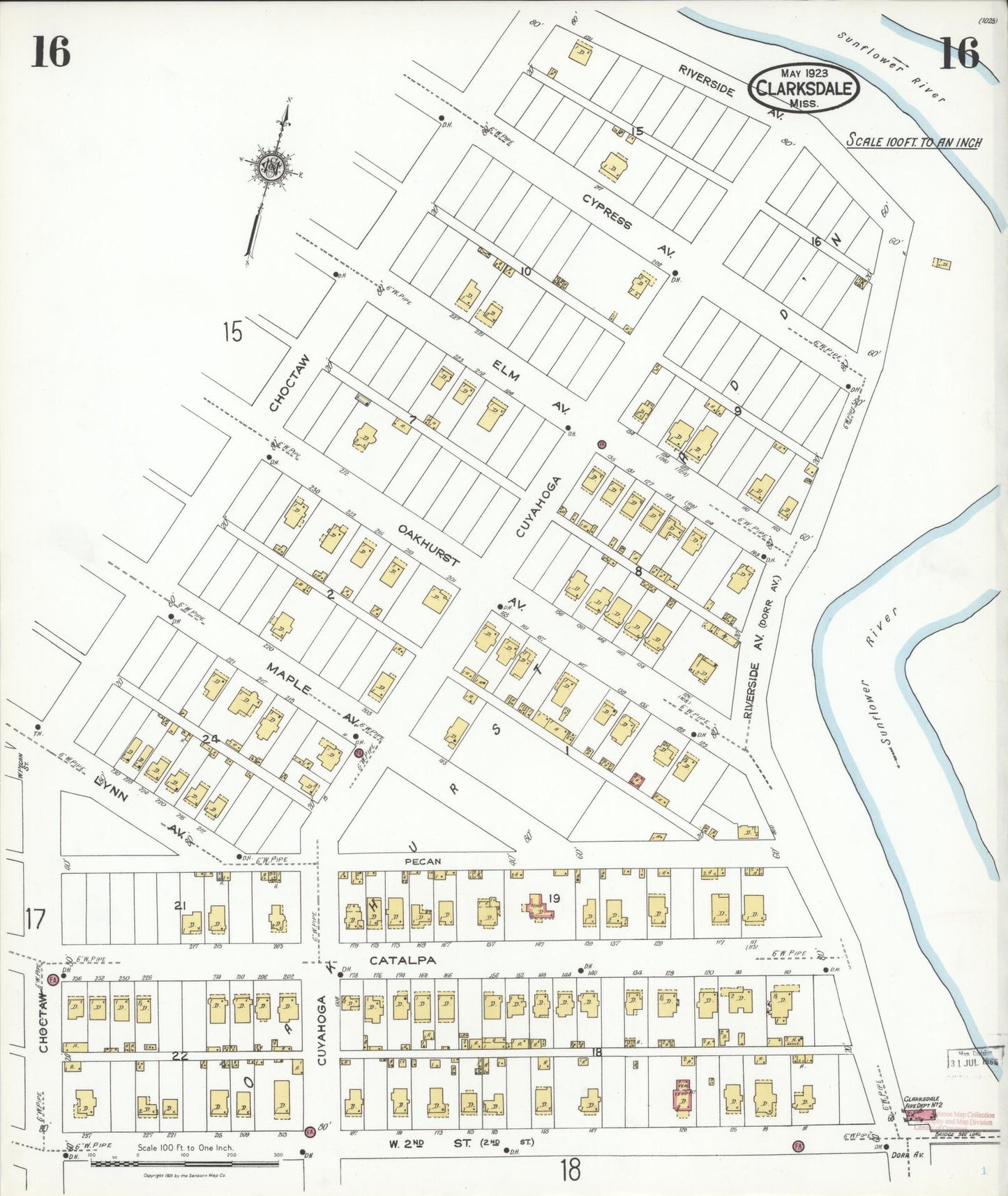 Sanborn Fire Insurance Map from Clarksdale, Coahoma County, Mississippi (1923), Sheet #0016 - Historic Sanborn Fire Insurance Map Print, vintage old map wall art, antique decor, genealogy gift, Mississippi Mississippi map