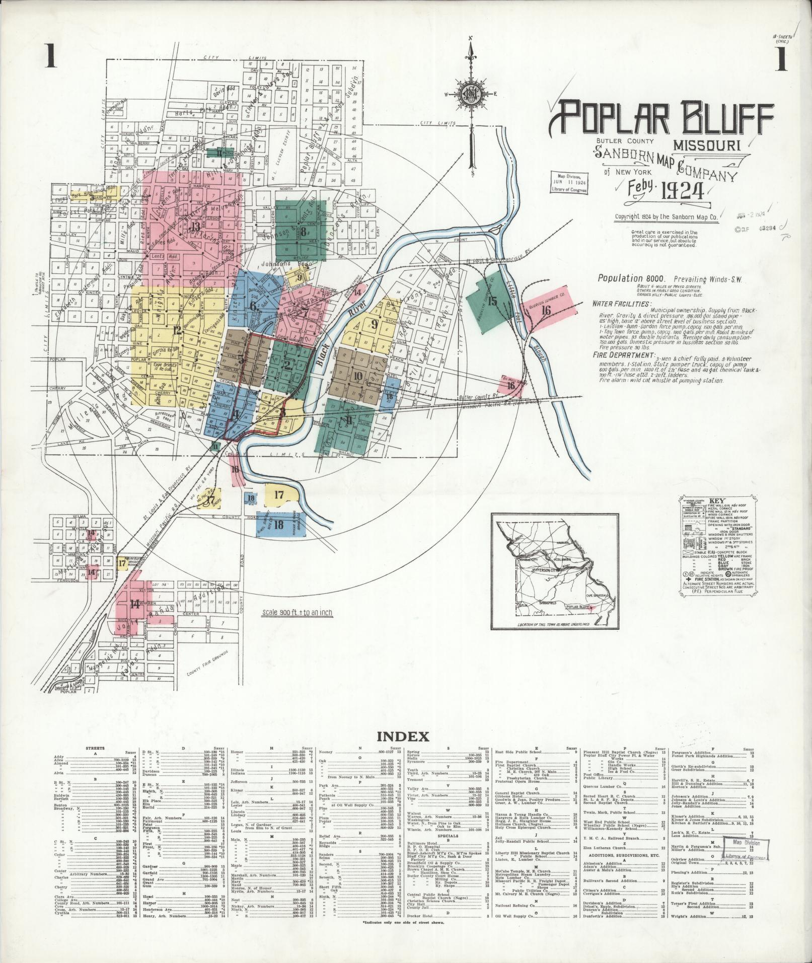 Sanborn Fire Insurance Map from Poplar Bluff, Butler County, Missouri (1924), Sheet #0001 - Complete Map Set gallery image, historic Sanborn map, vintage wall art, Missouri Missouri