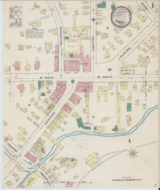 Sanborn Fire Insurance Map from Troy, Bradford County, Pennsylvania (1885), Sheet #0001 - Historic Sanborn Fire Insurance Map Print, vintage old map wall art, antique decor, genealogy gift, Pennsylvania Pennsylvania map