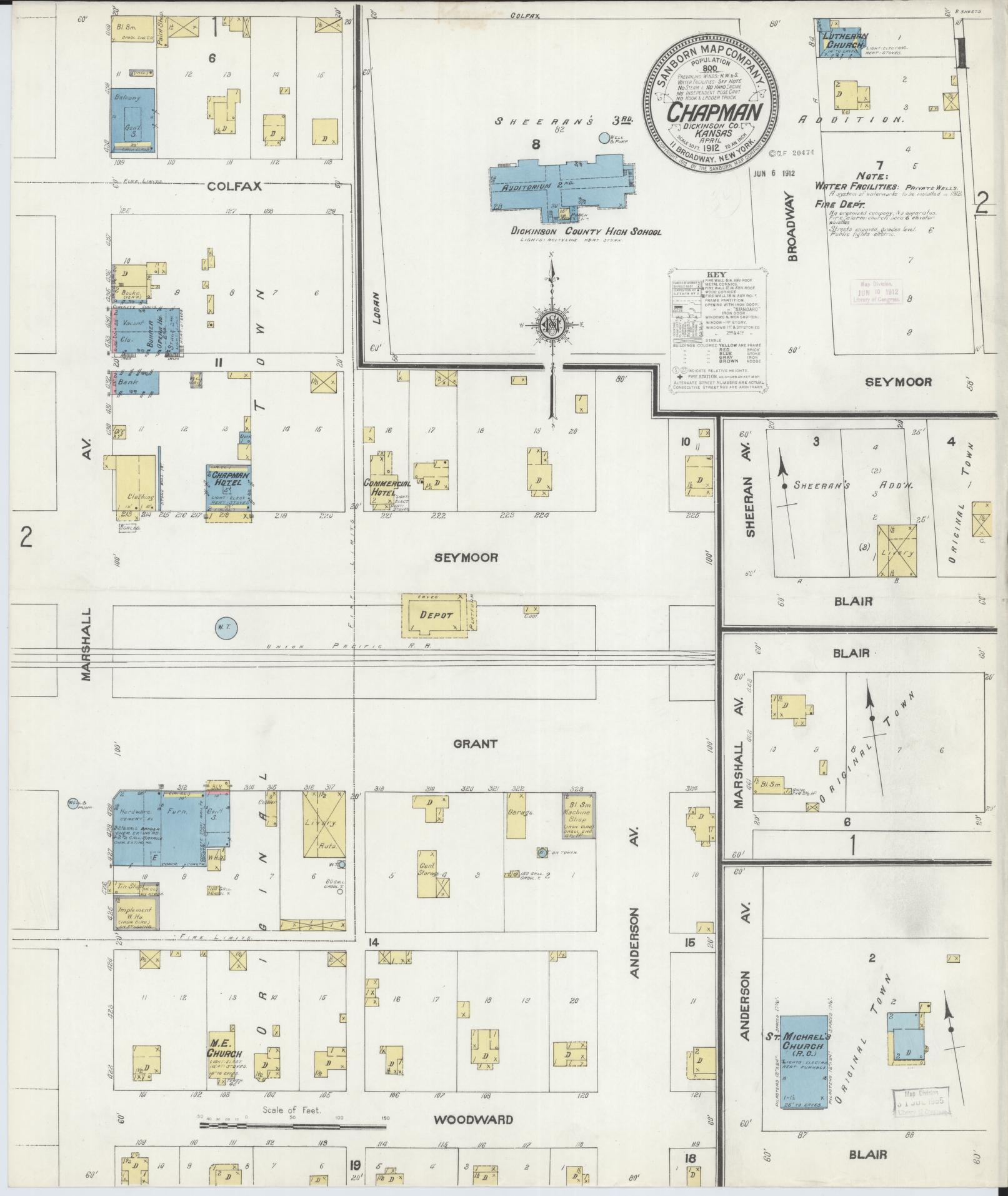 Sanborn Fire Insurance Map from Chapman, Dickinson County, Kansas (1912), Sheet #0001 - Historic Sanborn Fire Insurance Map Print, vintage old map wall art, antique decor, genealogy gift, Kansas Kansas map