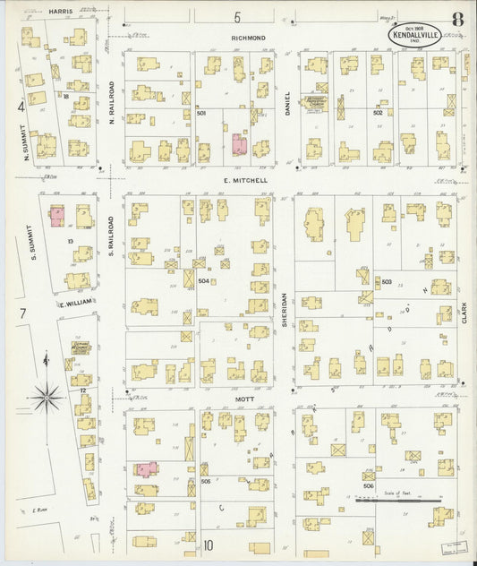 Sanborn Fire Insurance Map from Kendallville, Noble County, Indiana (1908), Sheet #0008 - Historic Sanborn Fire Insurance Map Print, vintage old map wall art, antique decor, genealogy gift, Indiana Indiana map
