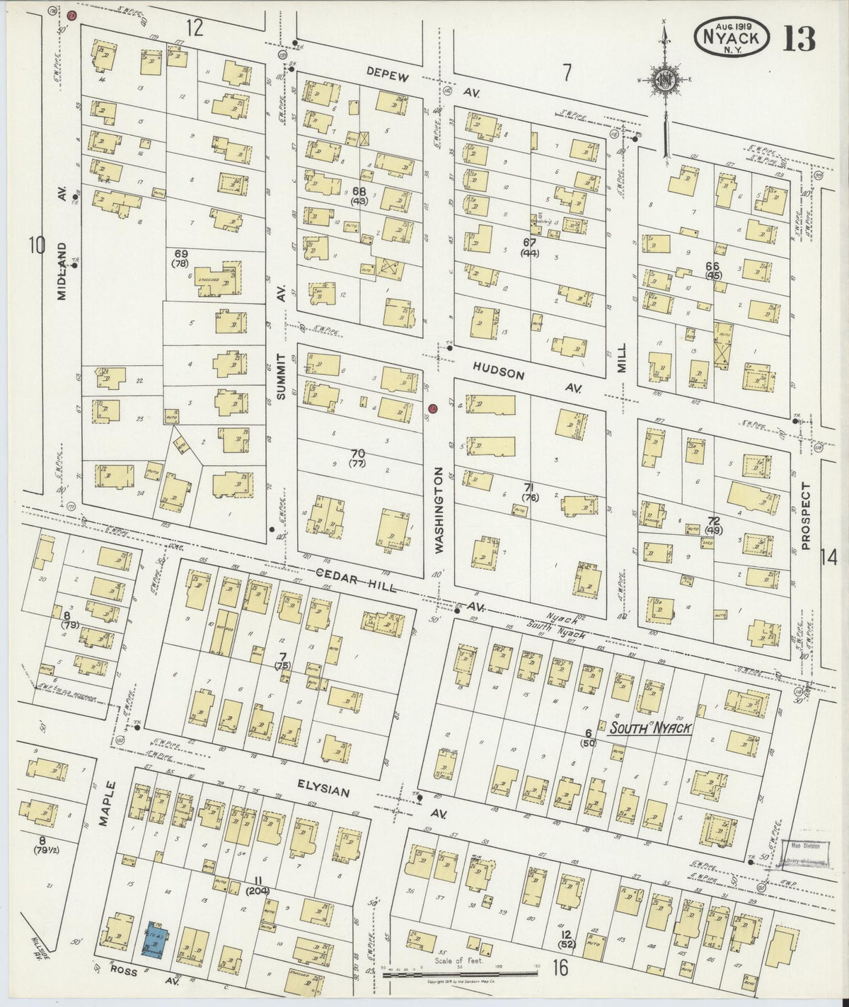 Sanborn Fire Insurance Map from Nyack, Rockland County, New York (1919), Sheet #0013 - Historic Sanborn Fire Insurance Map Print, vintage old map wall art, antique decor, genealogy gift, New York New York map