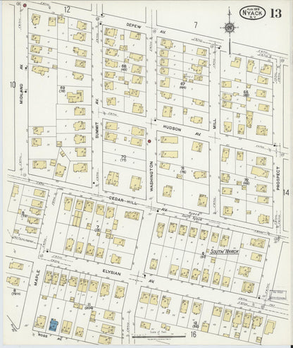 Sanborn Fire Insurance Map from Nyack, Rockland County, New York (1919), Sheet #0013 - Historic Sanborn Fire Insurance Map Print, vintage old map wall art, antique decor, genealogy gift, New York New York map