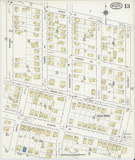 Sanborn Fire Insurance Map from Nyack, Rockland County, New York (1919), Sheet #0013 - Historic Sanborn Fire Insurance Map Print, vintage old map wall art, antique decor, genealogy gift, New York New York map