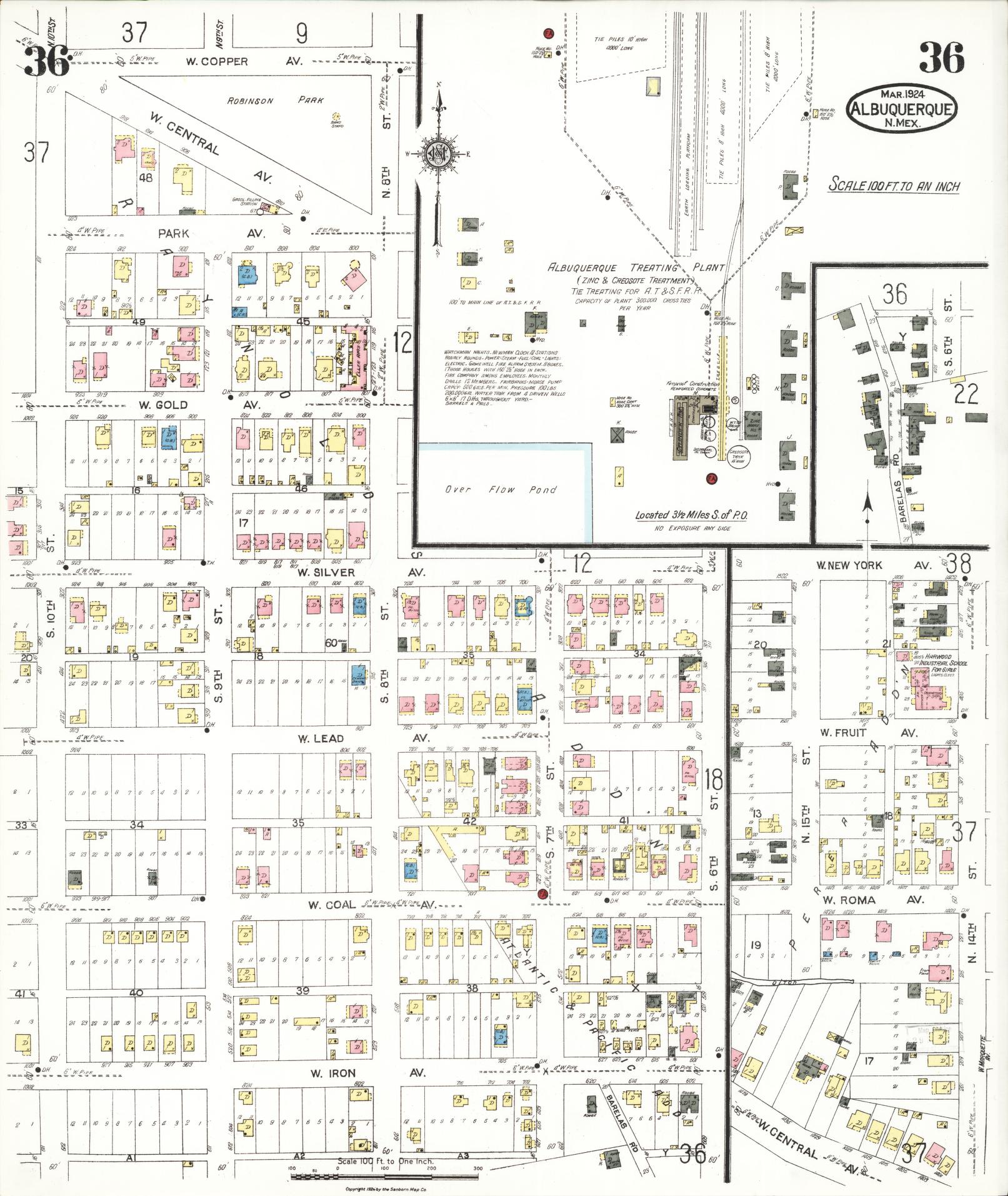 Sanborn Fire Insurance Map from Albuquerque, Bernalillo County, New Mexico (1924), Sheet #0036 - Historic Sanborn Fire Insurance Map Print, vintage old map wall art, antique decor, genealogy gift, New Mexico New Mexico map