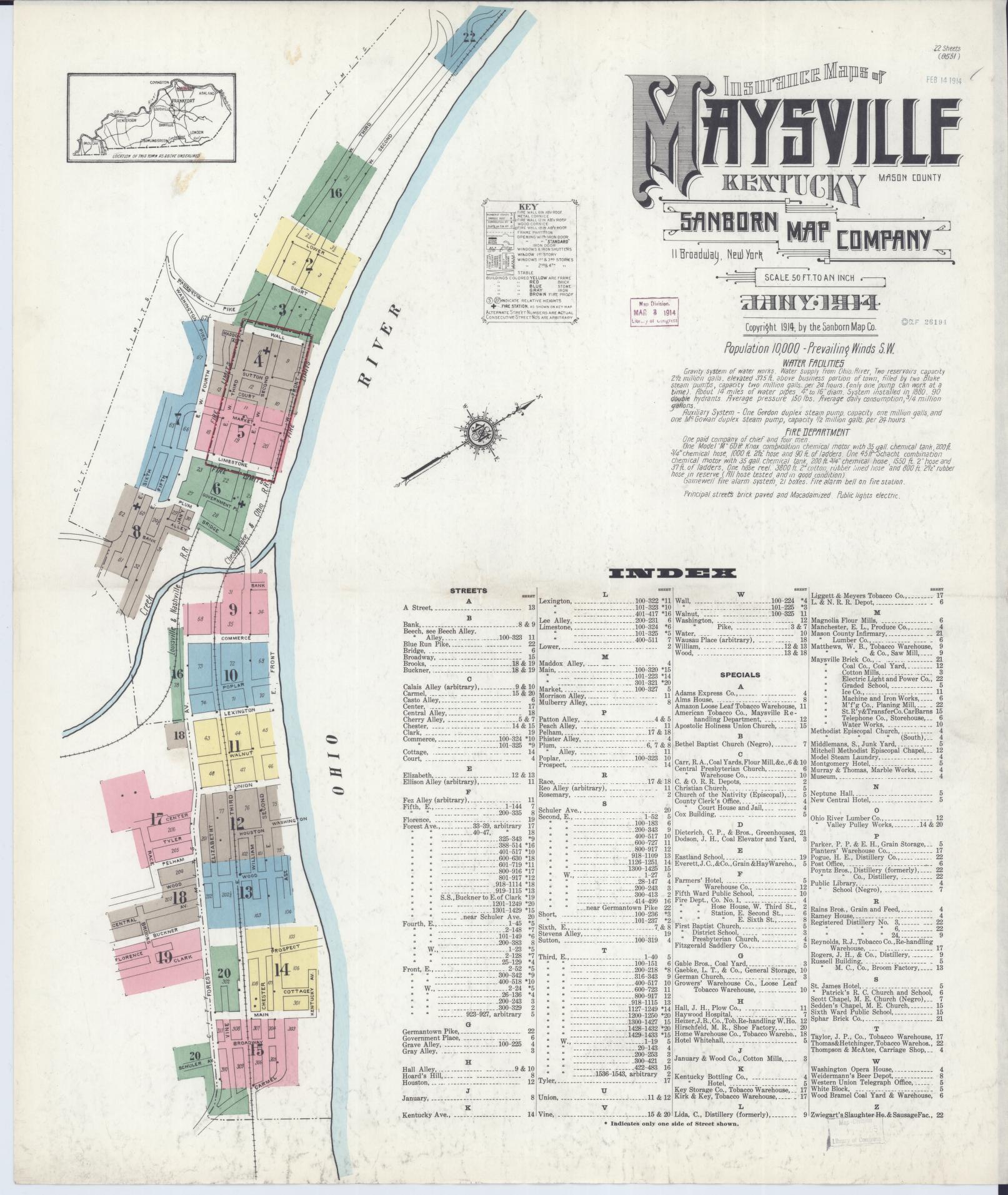 Sanborn Fire Insurance Map from Maysville, Mason County, Kentucky (1914), Sheet #0001 - Complete Map Set gallery image, historic Sanborn map, vintage wall art, Kentucky Kentucky