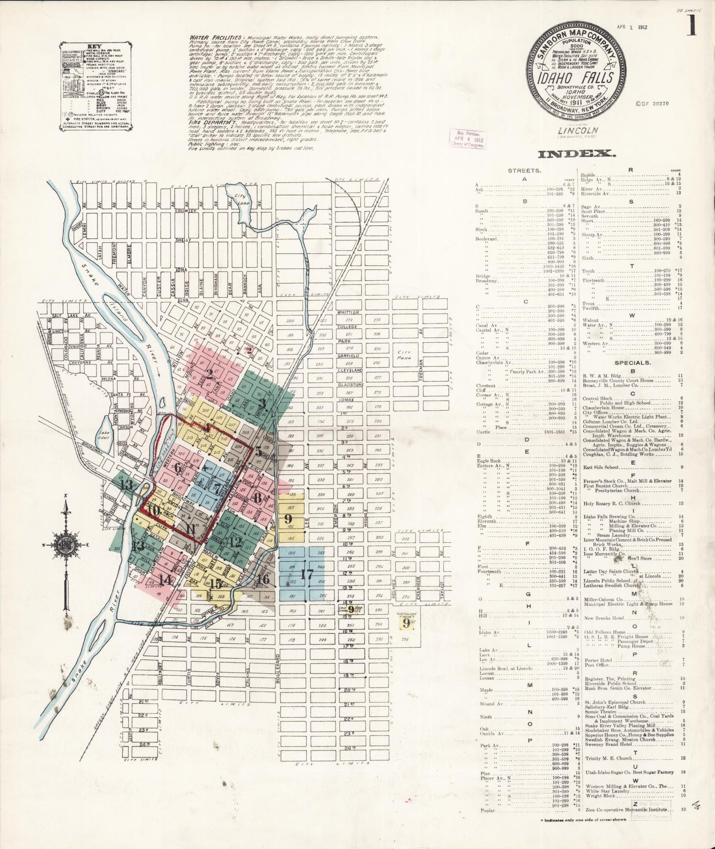 Sanborn Fire Insurance Map from Idaho Falls, Bonneville County, Idaho (1911), Sheet #0001 - Complete Map Set gallery image, historic Sanborn map, vintage wall art, Idaho Idaho
