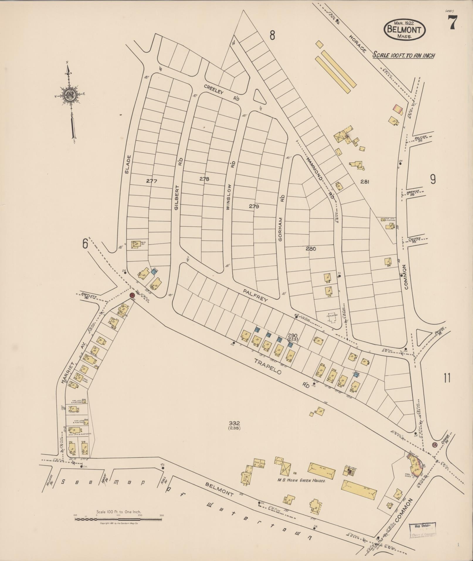 Sanborn Fire Insurance Map from Belmont, Middlesex County, Massachusetts (1922), Sheet #0007 - Historic Sanborn Fire Insurance Map Print, vintage old map wall art, antique decor, genealogy gift, Massachusetts Massachusetts map
