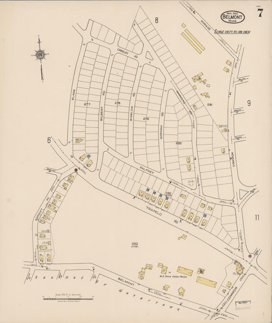 Sanborn Fire Insurance Map from Belmont, Middlesex County, Massachusetts (1922), Sheet #0007 - Historic Sanborn Fire Insurance Map Print, vintage old map wall art, antique decor, genealogy gift, Massachusetts Massachusetts map