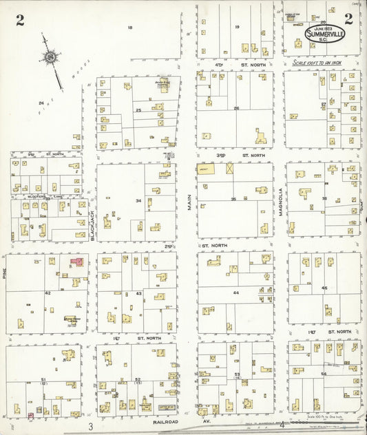 Sanborn Fire Insurance Map from Summerville, Dorchester County, South Carolina (1923), Sheet #0002 - Historic Sanborn Fire Insurance Map Print, vintage old map wall art, antique decor, genealogy gift, South Carolina South Carolina map