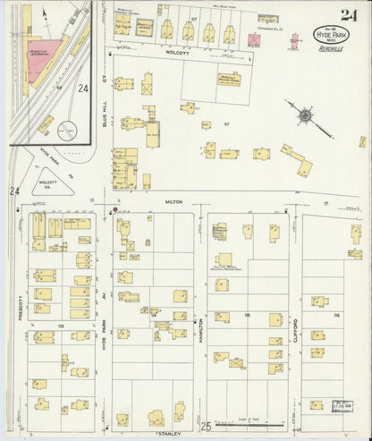Sanborn Fire Insurance Map from Hyde Park, Norfolk County, Massachusetts (1911), Sheet #0024 - Historic Sanborn Fire Insurance Map Print, vintage old map wall art, antique decor, genealogy gift, Massachusetts Massachusetts map