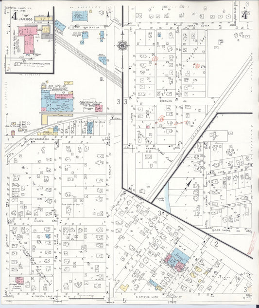 Sanborn Fire Insurance Map from Crystal Lake, McHenry County, Illinois (1955), Sheet #0004 - Historic Sanborn Fire Insurance Map Print, vintage old map wall art, antique decor, genealogy gift, Illinois Illinois map