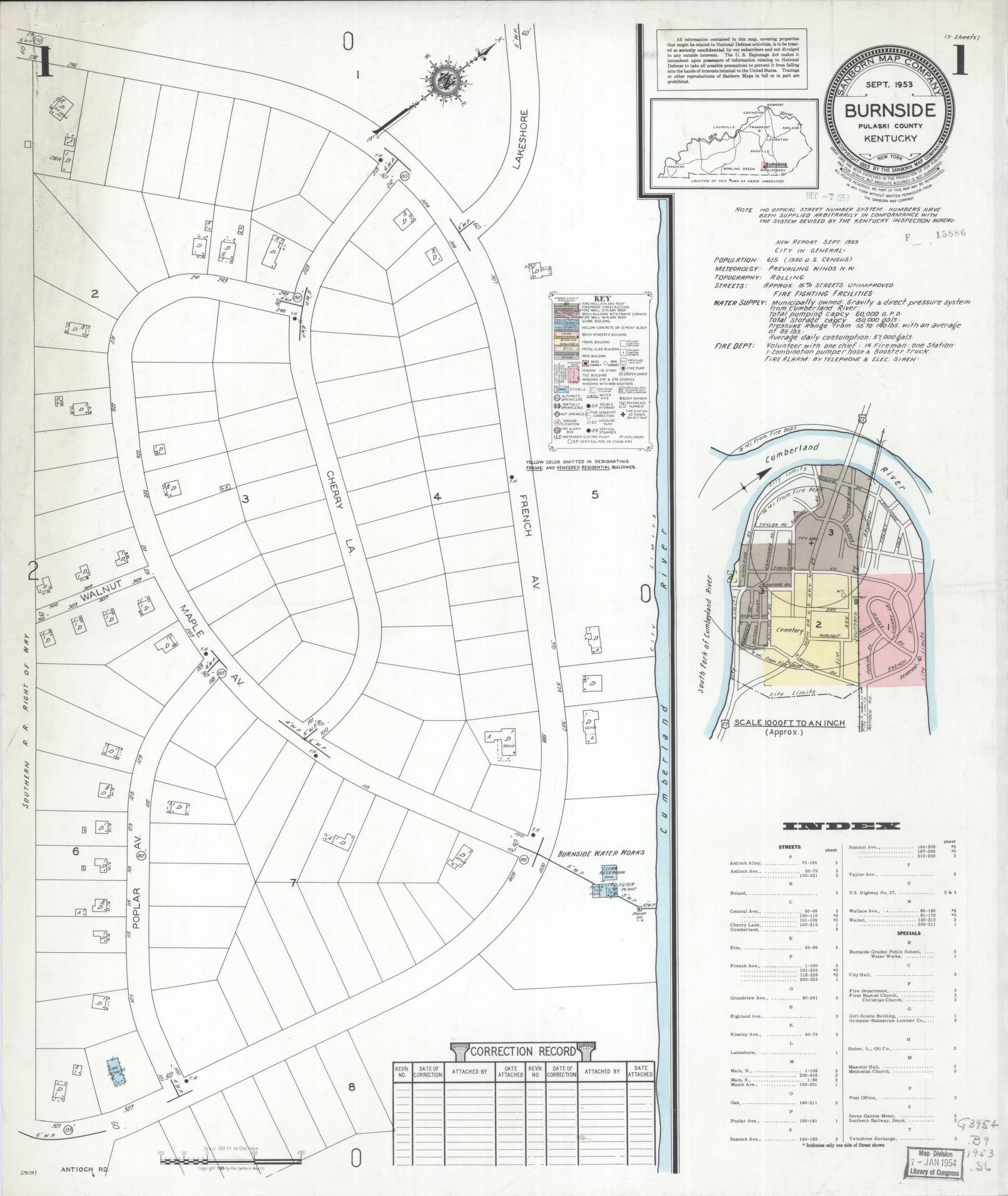 Sanborn Fire Insurance Map from Burnside, Pulaski County, Kentucky (1953), Sheet #0001 - Complete Map Set gallery image, historic Sanborn map, vintage wall art, Kentucky Kentucky