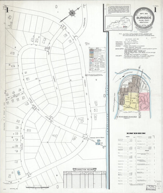 Sanborn Fire Insurance Map from Burnside, Pulaski County, Kentucky (1953), Sheet #0001 - Complete Map Set gallery image, historic Sanborn map, vintage wall art, Kentucky Kentucky