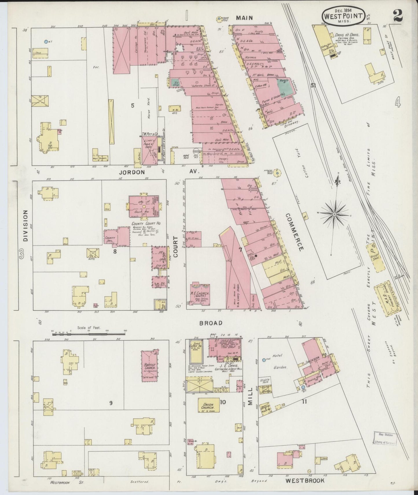 Sanborn Fire Insurance Map from West Point, Clay County, Mississippi (1894), Sheet #0002 - Historic Sanborn Fire Insurance Map Print, vintage old map wall art, antique decor, genealogy gift, Mississippi Mississippi map