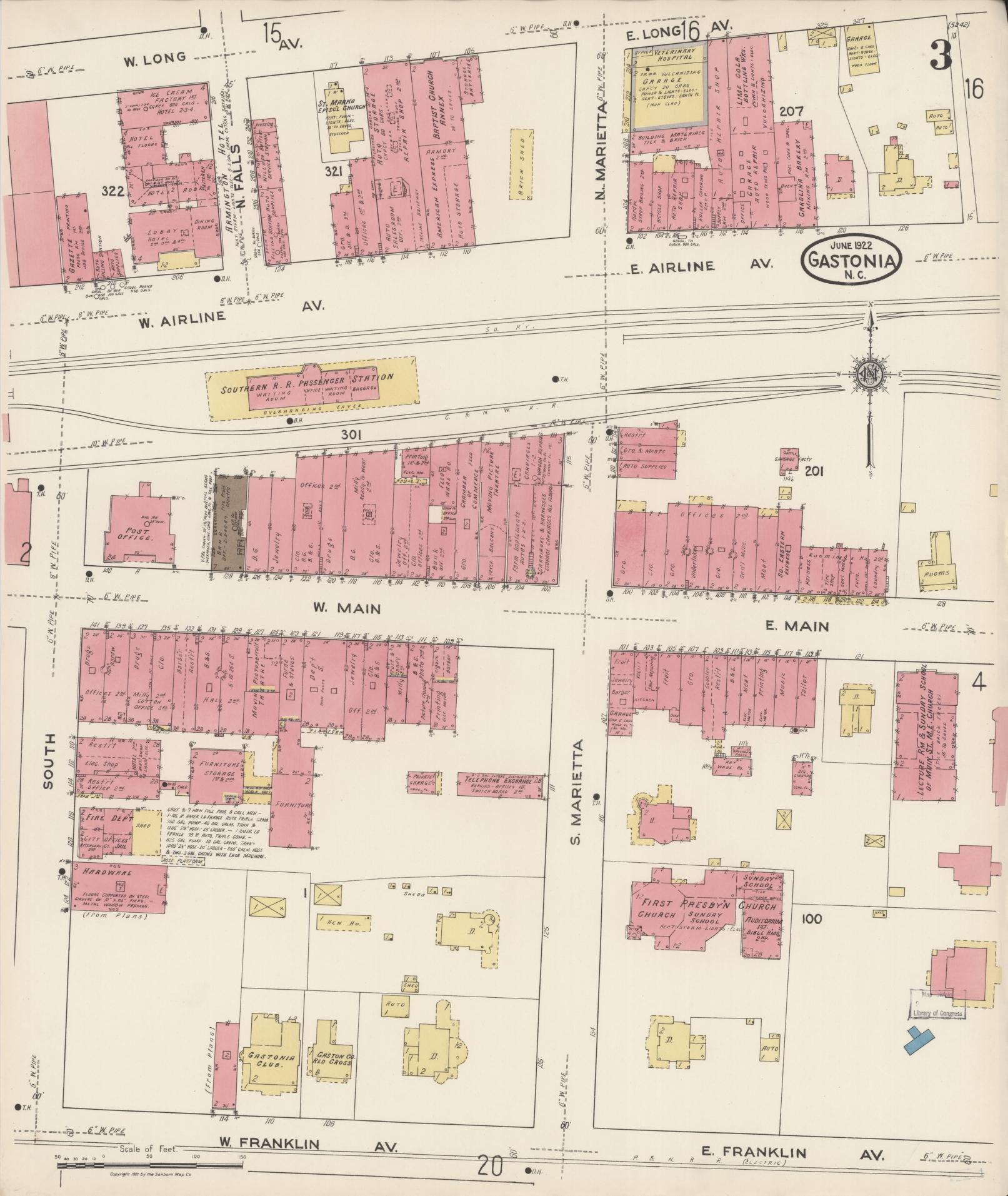 Sanborn Fire Insurance Map from Gastonia, Gaston County, North Carolina (1922), Sheet #0003 - Historic Sanborn Fire Insurance Map Print, vintage old map wall art, antique decor, genealogy gift, North Carolina North Carolina map