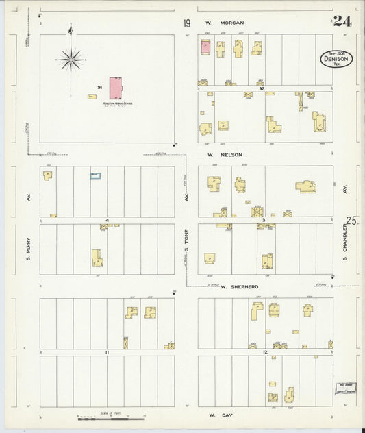 Sanborn Fire Insurance Map from Denison, Grayson County, Texas (1908), Sheet #0024 - Historic Sanborn Fire Insurance Map Print, vintage old map wall art, antique decor, genealogy gift, Texas Texas map