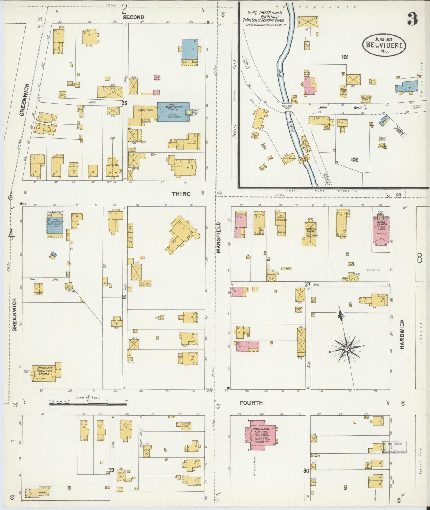 Sanborn Fire Insurance Map from Belvidere, Warren County, New Jersey (1903), Sheet #0003 - Historic Sanborn Fire Insurance Map Print, vintage old map wall art, antique decor, genealogy gift, Pennsylvania Pennsylvania map