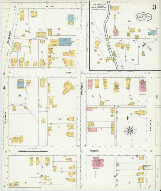 Sanborn Fire Insurance Map from Belvidere, Warren County, New Jersey (1903), Sheet #0003 - Historic Sanborn Fire Insurance Map Print, vintage old map wall art, antique decor, genealogy gift, Pennsylvania Pennsylvania map