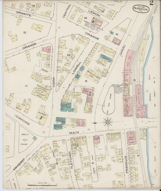 Sanborn Fire Insurance Map from Nashua, Hillsborough County, New Hampshire (1885), Sheet #0002 - Historic Sanborn Fire Insurance Map Print, vintage old map wall art, antique decor, genealogy gift, New Hampshire New Hampshire map