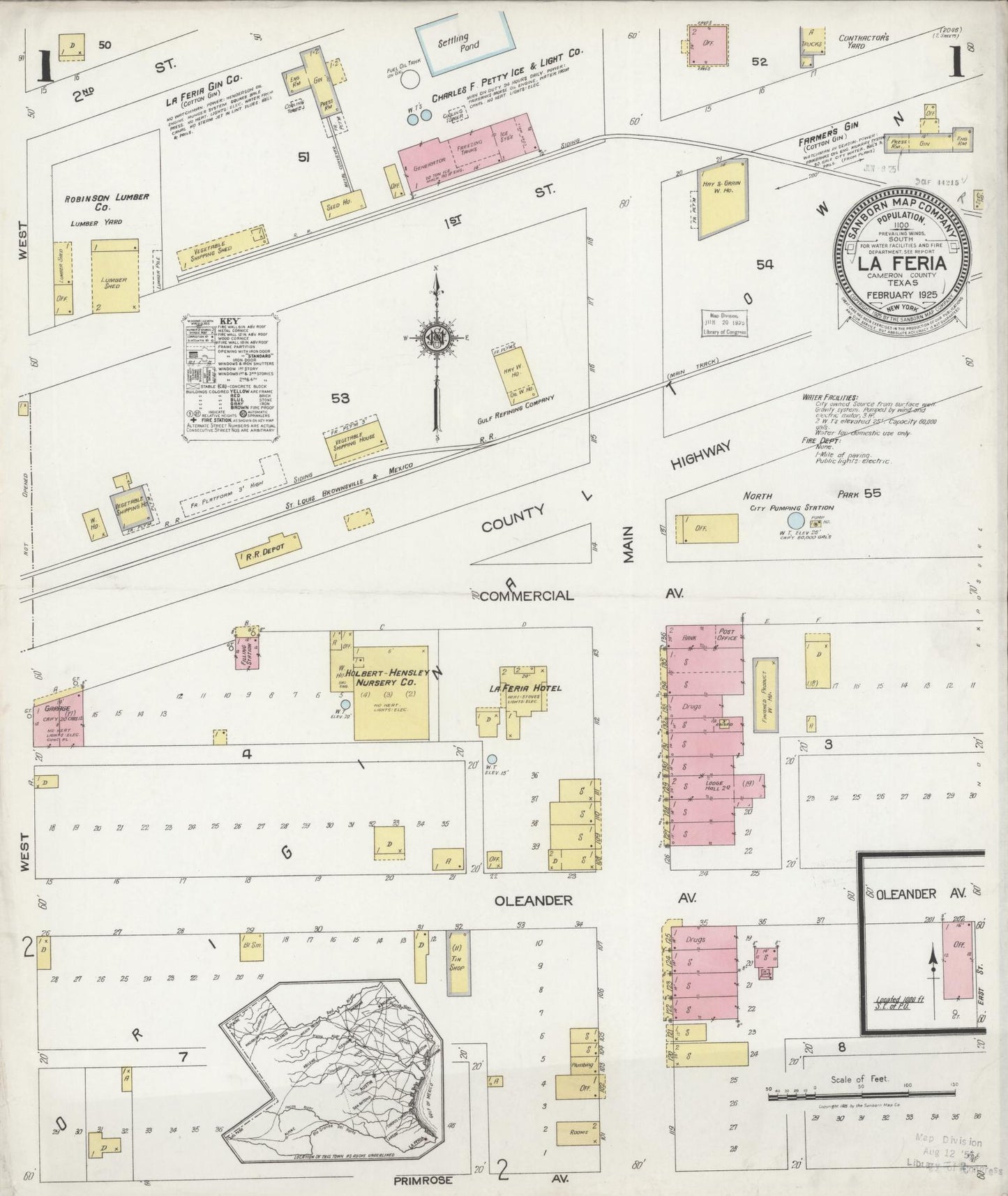 Sanborn Fire Insurance Map from La Feria, Cameron County, Texas (1925), Sheet #0001 - Historic Sanborn Fire Insurance Map Print, vintage old map wall art, antique decor, genealogy gift, Texas Texas map